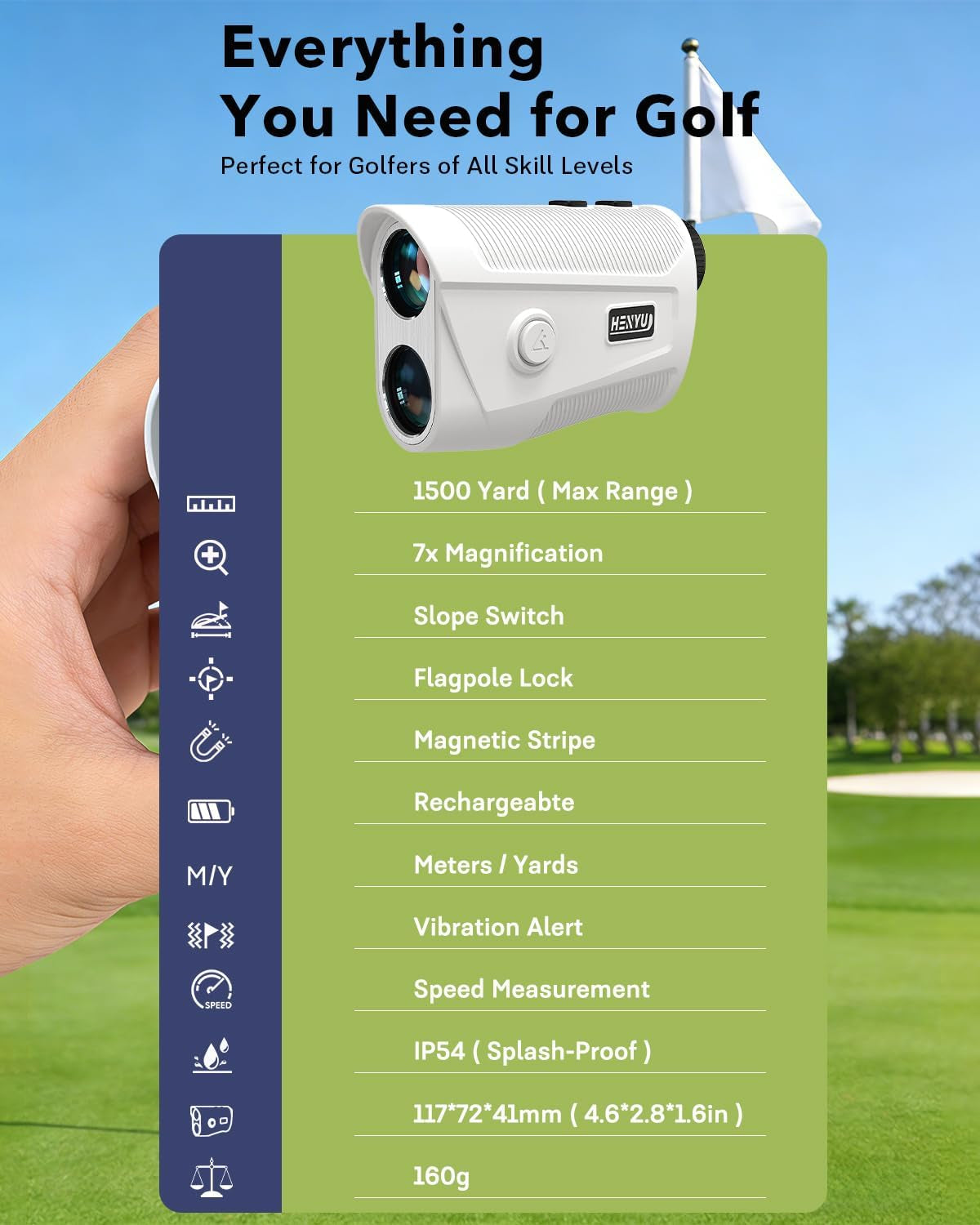 Golf Rangefinder with Slope 1500 Yards | Laser Range Finder with Magnetic Mount, Flag Lock Vibration & 7X Magnification