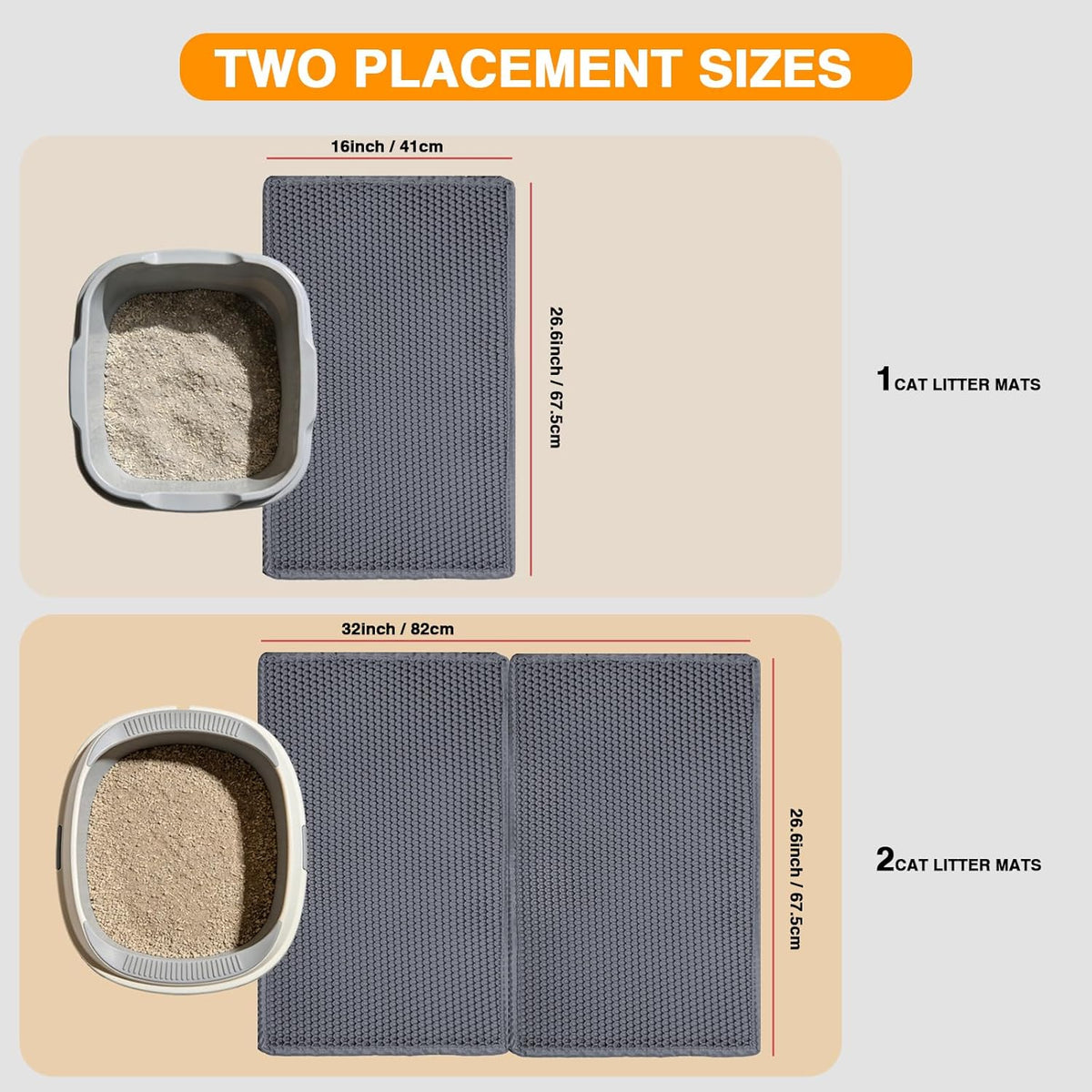 Cat Litter Mats (2-Pack) 26.6" X 16", Litter Box Mats with Double Layers, Urine-Proof and Non-Slip Litter Trapping Mats, Easy Clean Leakproof, Soft EVA Durable Anti-Scratch Kitty Litter Mat, Grey