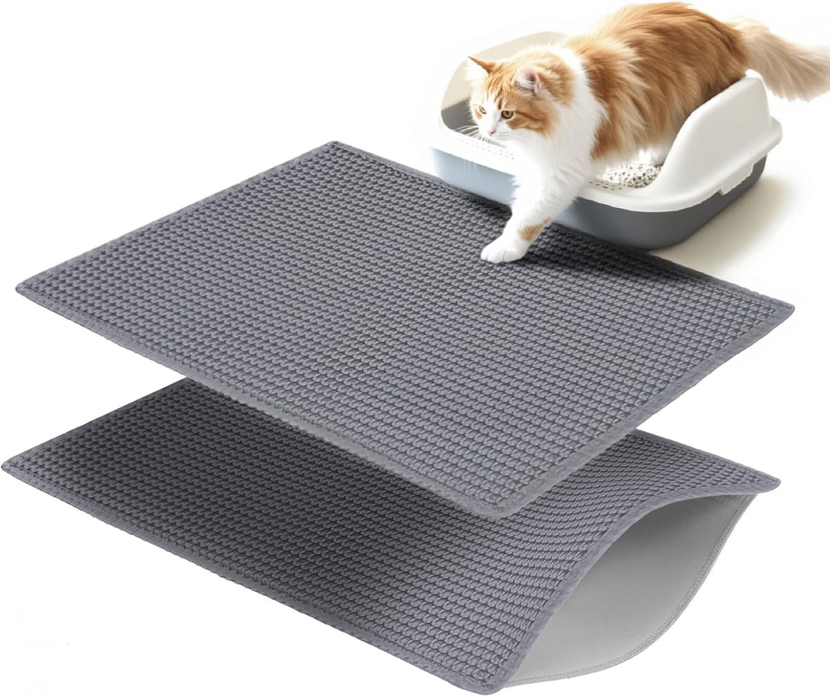 Cat Litter Mats (2-Pack) 26.6" X 16", Litter Box Mats with Double Layers, Urine-Proof and Non-Slip Litter Trapping Mats, Easy Clean Leakproof, Soft EVA Durable Anti-Scratch Kitty Litter Mat, Grey