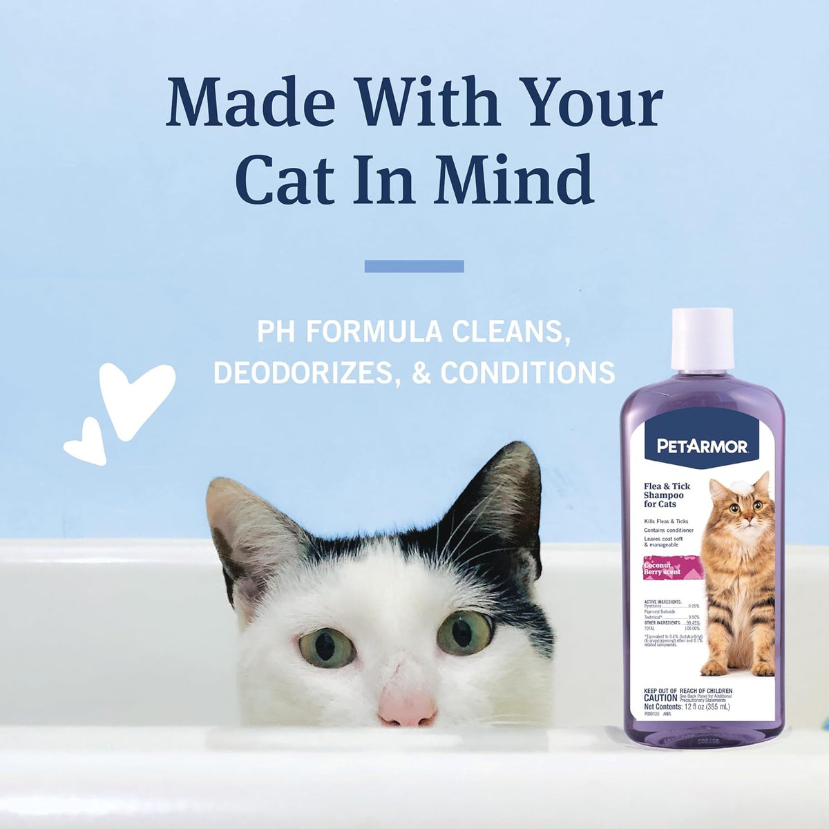 Flea & Tick Shampoo Cats, Kills in 24Hrs, Coconut Berry, 12Oz | Ideal for Cats & Kittens 12 Weeks+; Conditions & Deodorizes; No Rx Needed; Quick-Kill Cat Flea Shampoo