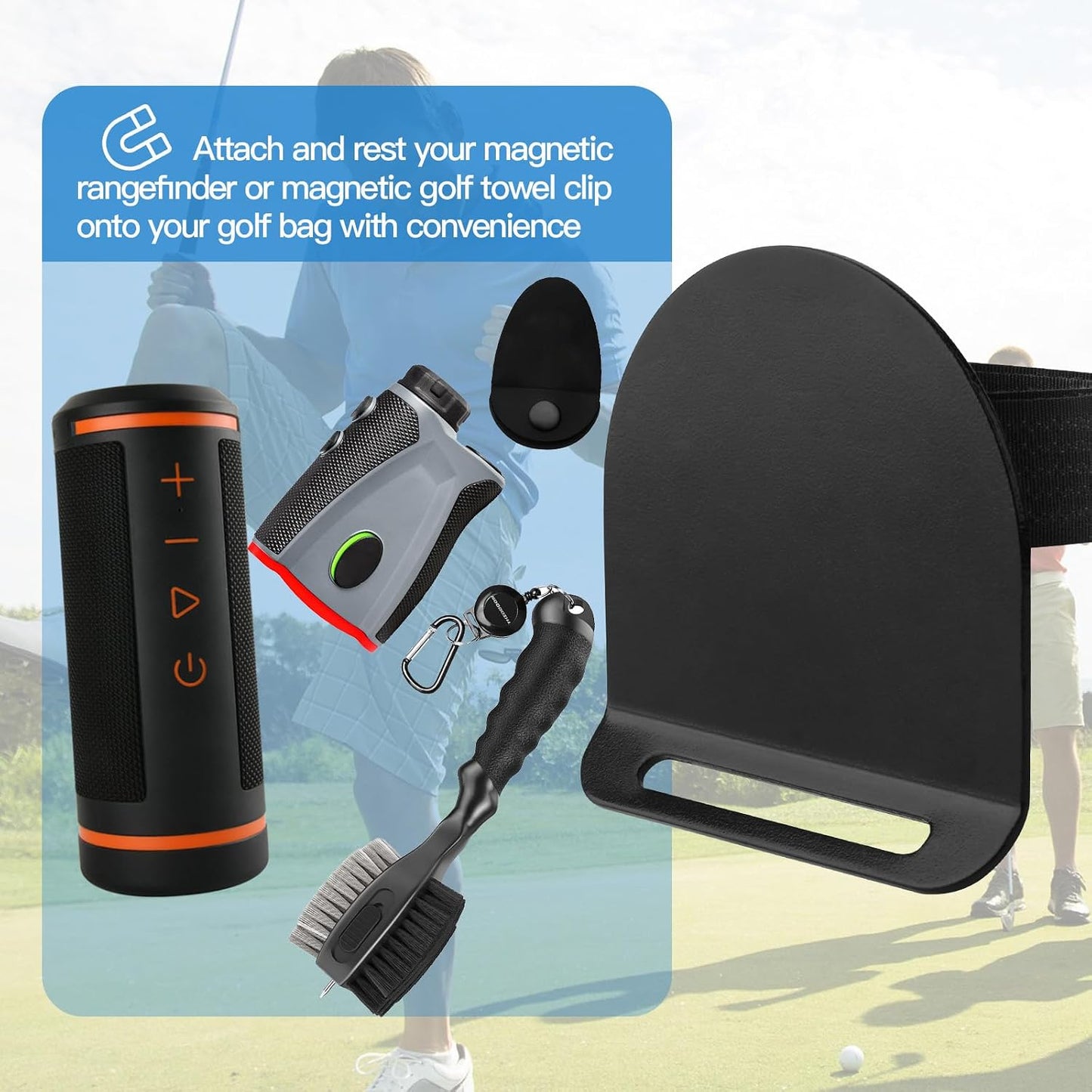 Golf Bag Metal Landing Pad for Magnetic Golf Accessories and Gears like Magnetic Rangefinder, Magnetic Golf Towels Strap Clip Golf Bag Accessories with Two Hook and Loop Straps